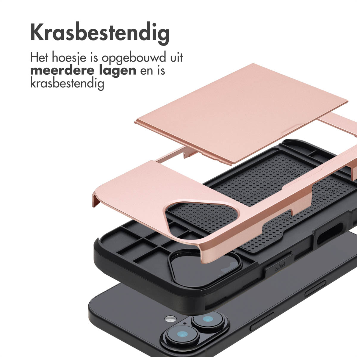 Exploded view van telefoonhoeslagen. Roségoud boven, zwart in het midden en telefoonbasis.
