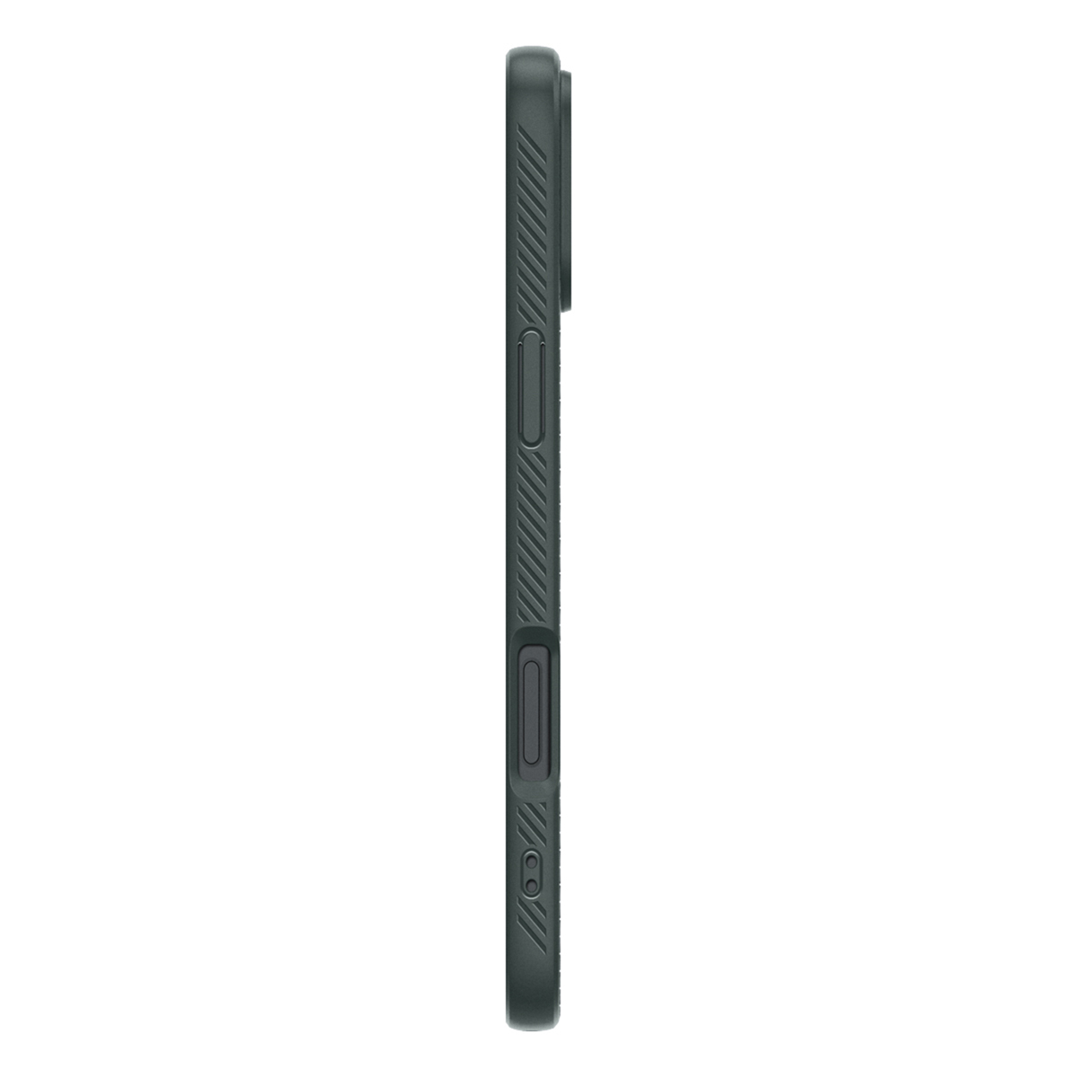 Side view of a dark green phone case with buttons and a textured surface.