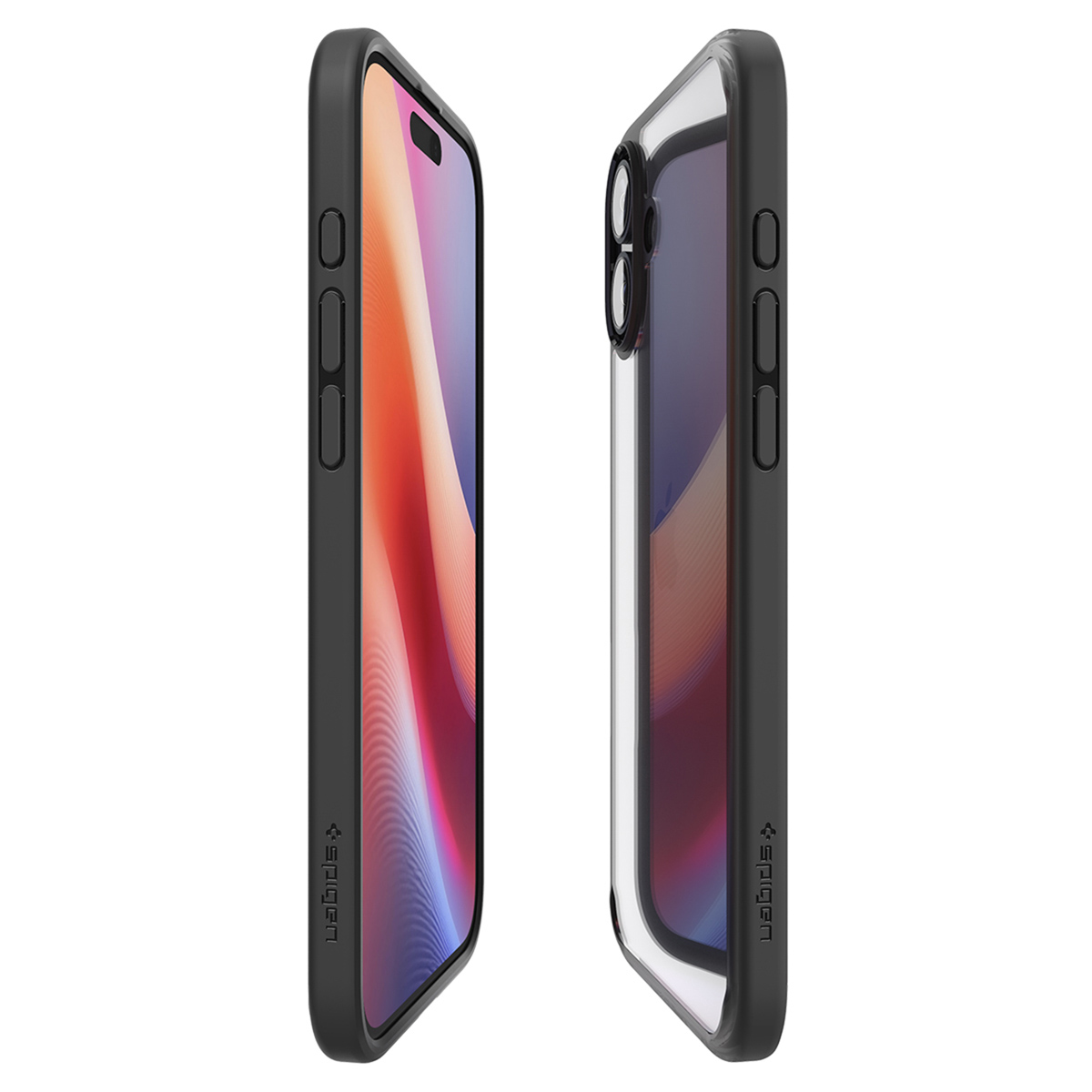 Due telefoni con custodia, uno con schermo a colori. Le custodie sono nere e trasparenti.