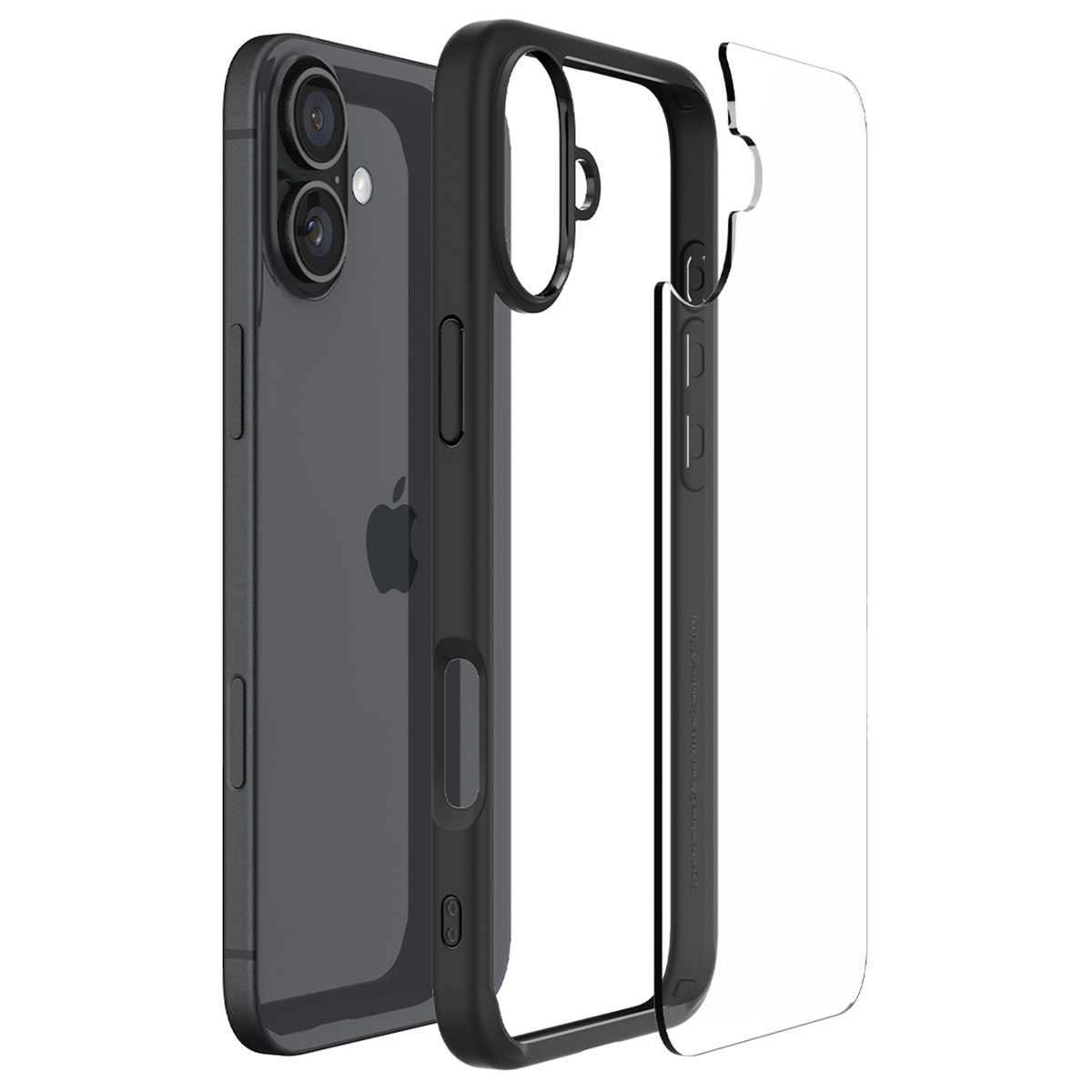 Telefono con custodia nera e protezione schermo trasparente, accanto a custodia aperta.