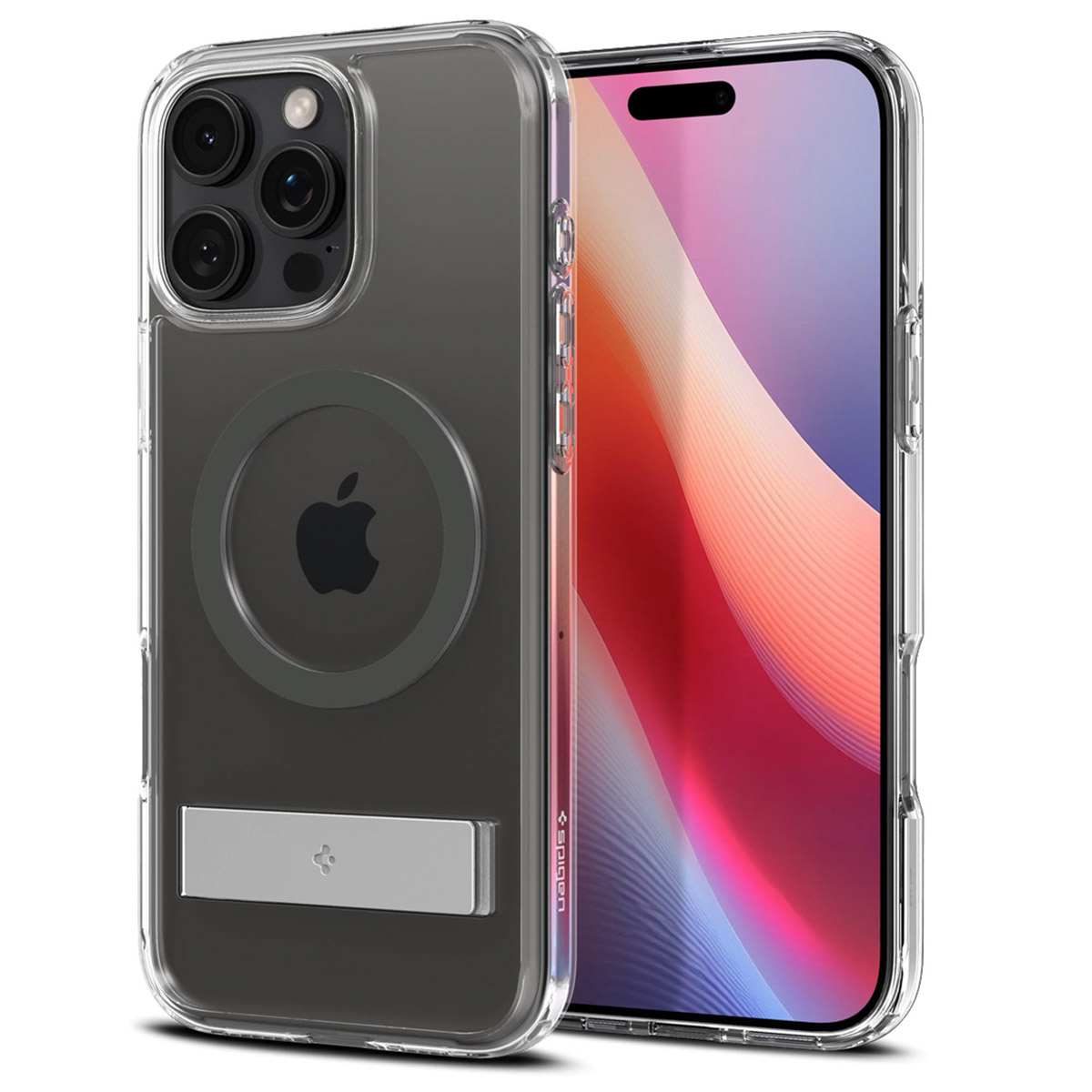 Transparante telefoonhoes met een zwarte telefoon. Apple-logo is zichtbaar.
