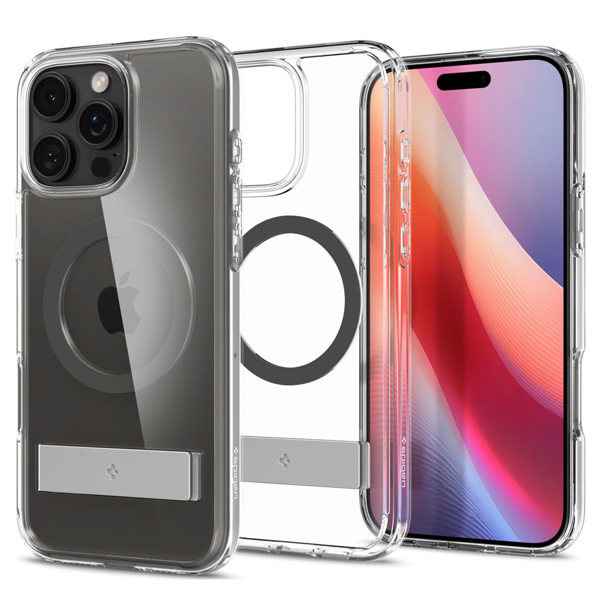 Transparante telefoonhoes met een iPhone. De hoes heeft een standaard. Het scherm is zichtbaar.