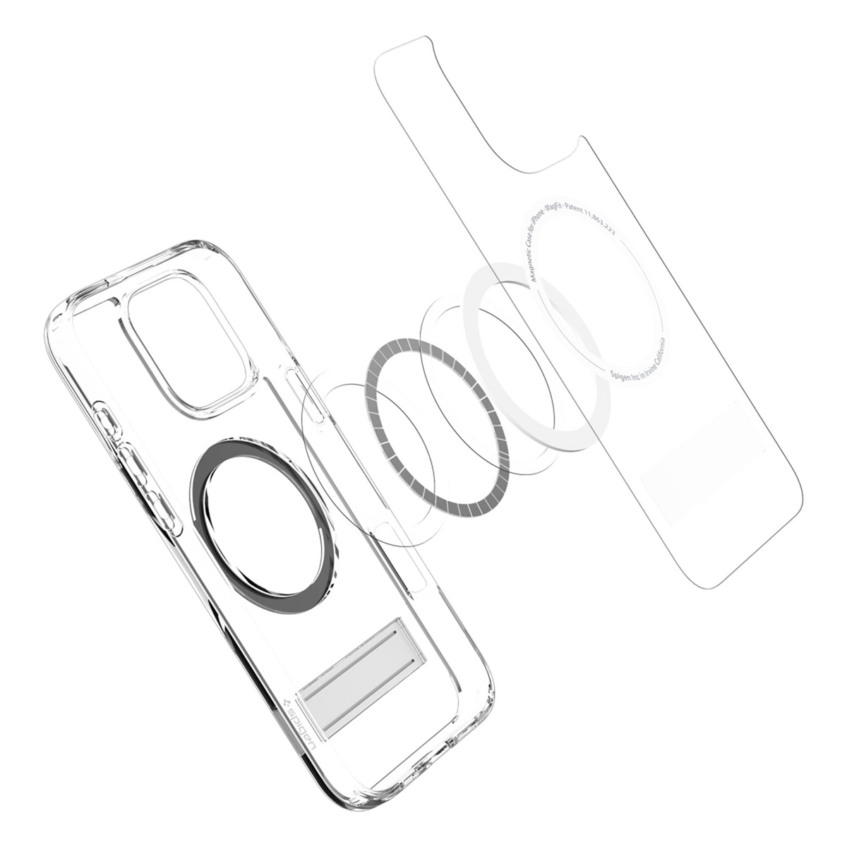Transparante telefoonhoes met MagSafe-ringen en transparante schermbeschermer componenten, op wit.