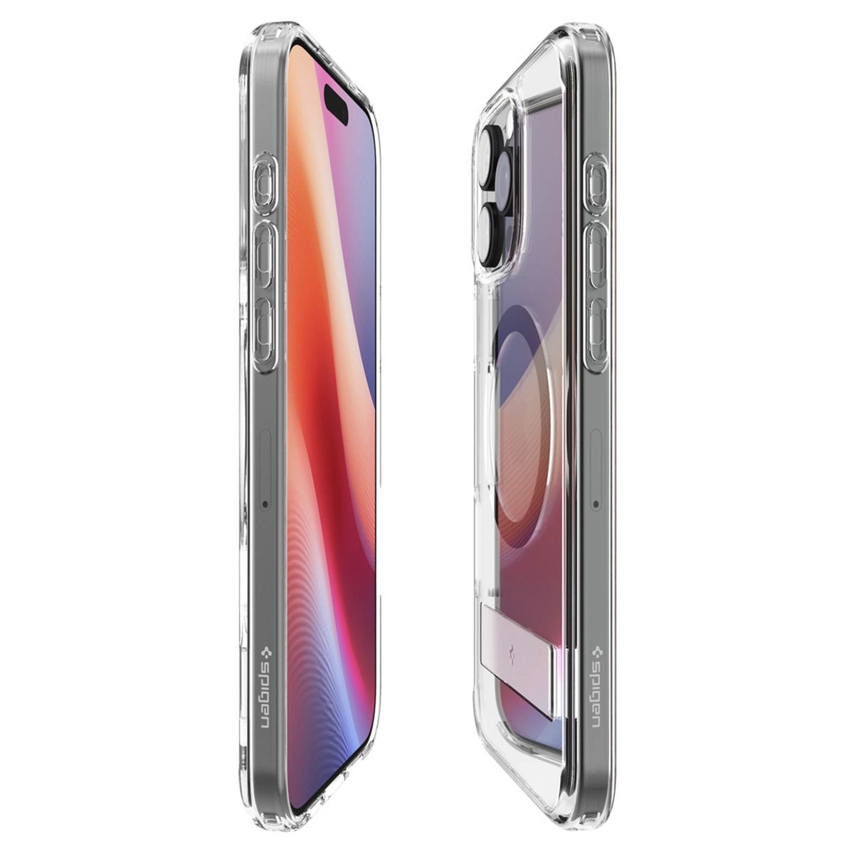 Twee transparante telefoonhoesjes, één met een telefoon erin, zijaanzicht.