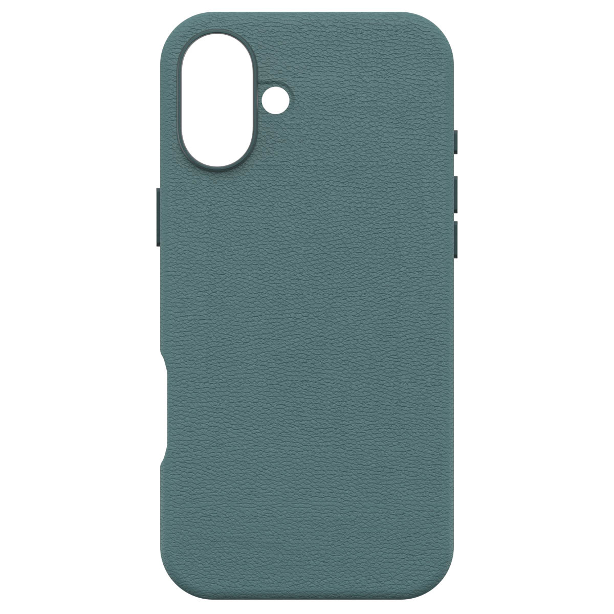 Teal telefoonhoesje, achteraanzicht, met camera-uitsparing en gestructureerd oppervlak.