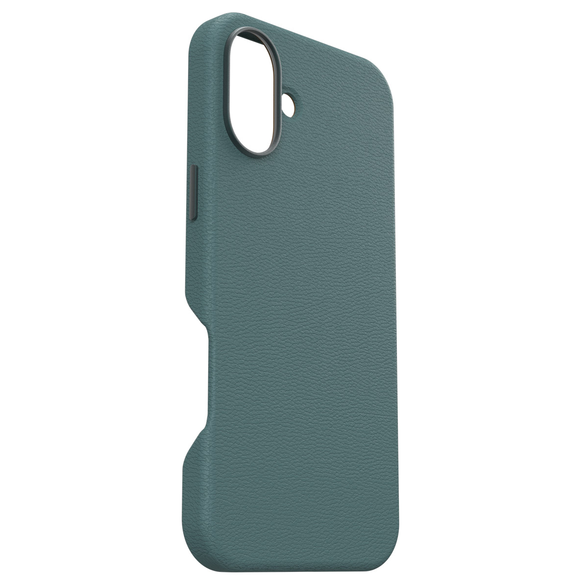 Zeegroene telefoonhoes, zijaanzicht, met open uitsparing, witte achtergrond.