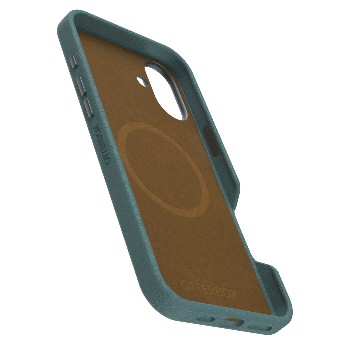 Blauwe en bruine telefoonhoes met een cirkelvormige uitsparing, schuin, toont de binnenkant.