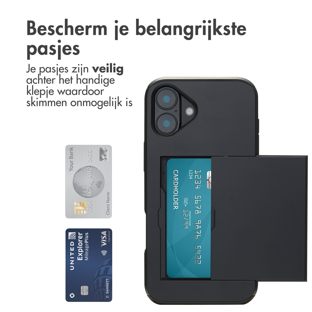 Custodia per telefono con slot per carte e carte di credito. Mostra come proteggere le tue carte.