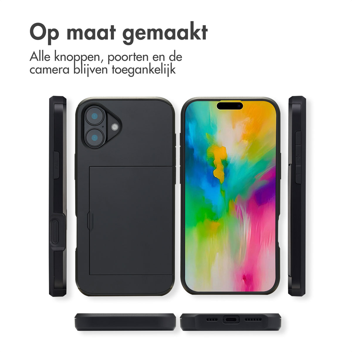 Custodia per telefono nera. Diverse viste che mostrano il design e le caratteristiche della custodia.