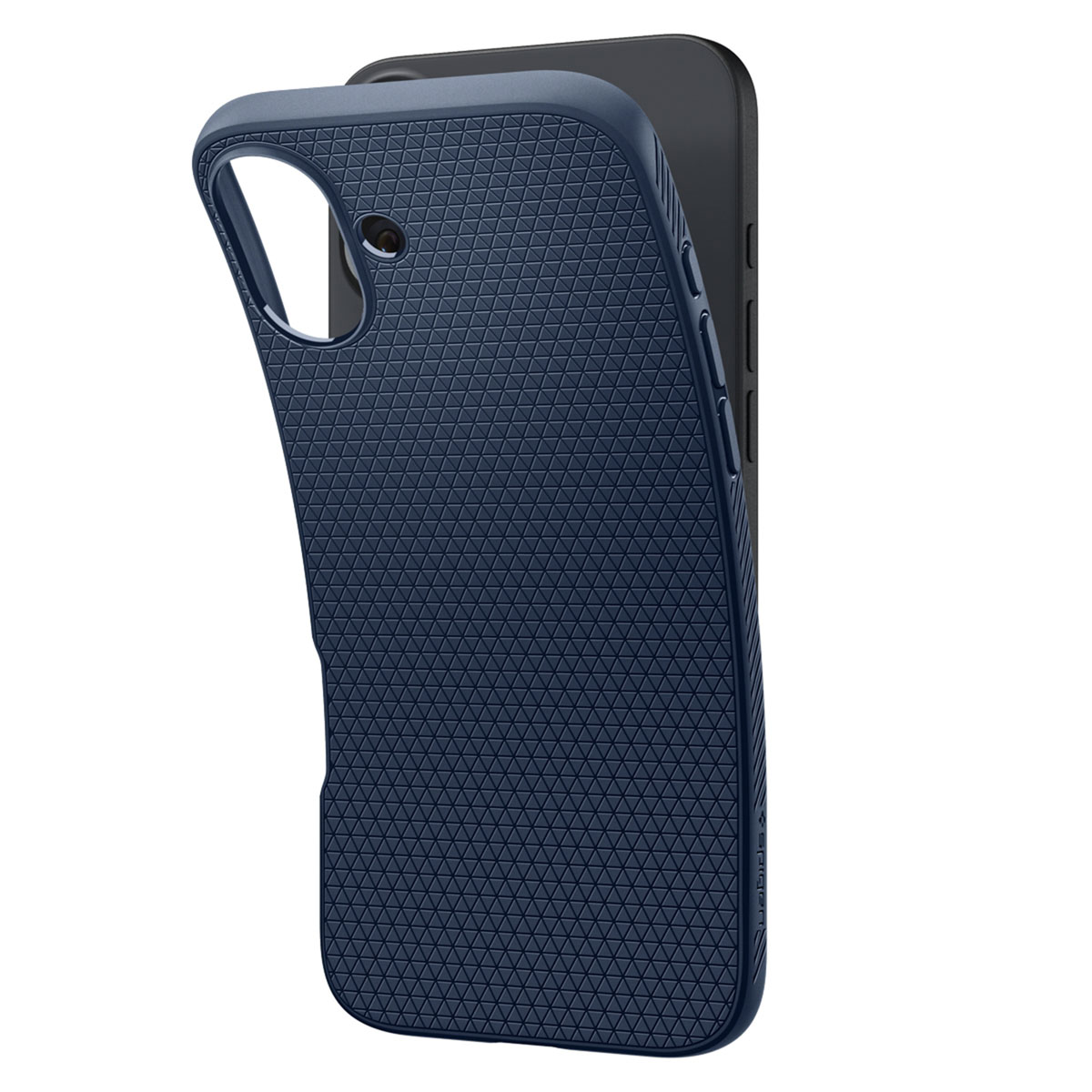 Blauwe telefoonhoes met een gestructureerd oppervlak en een telefoon erin.