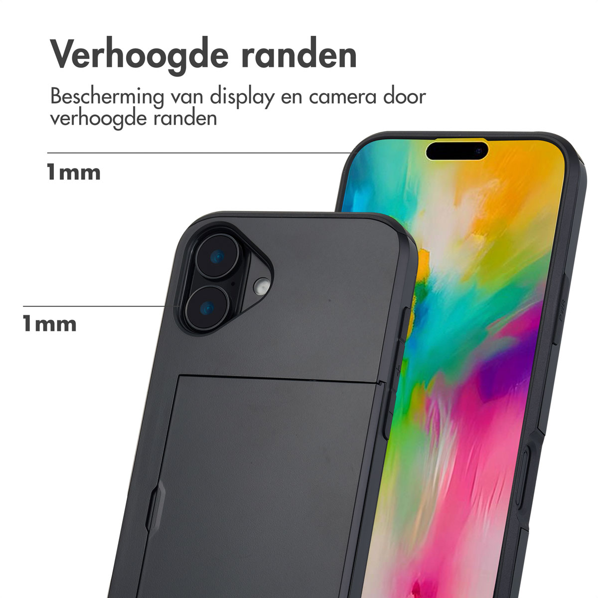 Un telefono in una custodia nera, che mostra il rilievo della fotocamera. La custodia è accanto a un'altra custodia con le dimensioni indicate.
