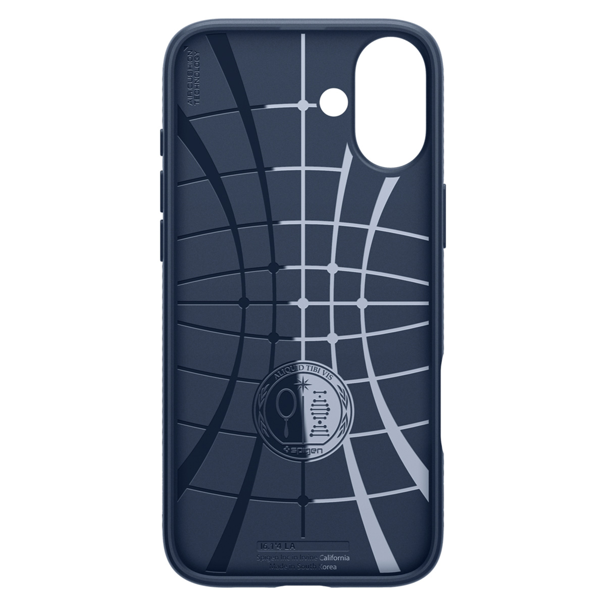 Marineblauwe telefoonhoes met rasterpatroon. Witte rasterlijnen. Logo onderaan.