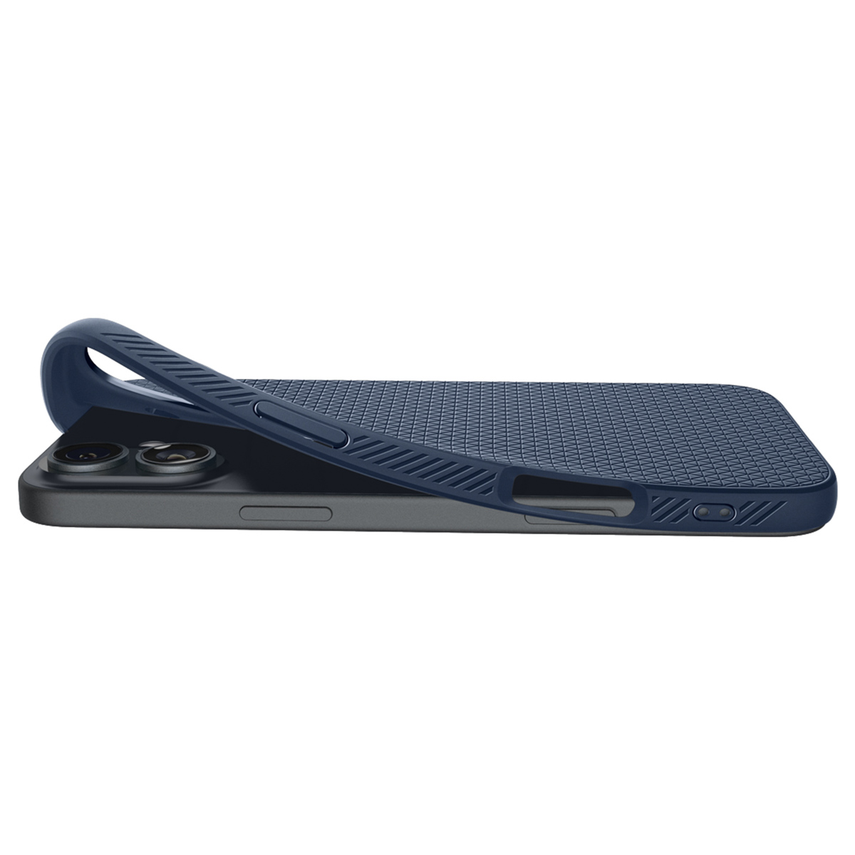 Marineblauw telefoonhoesje met textuurpatroon, binnenkant zichtbaar.
