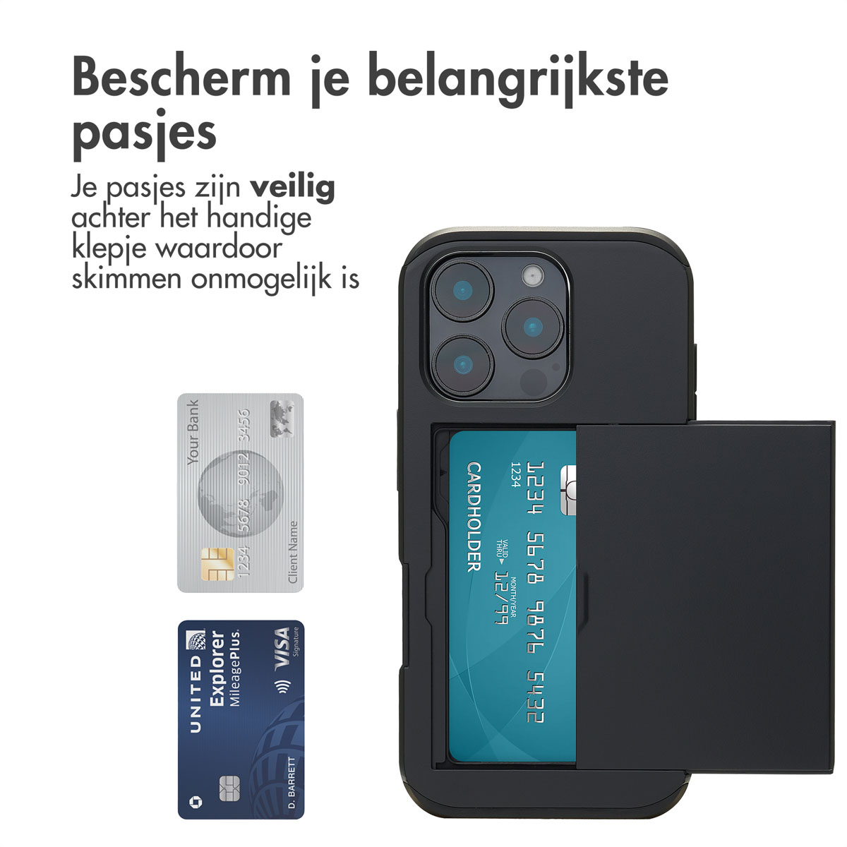 Zwarte telefoonhoes met kaarthouder, creditcards en telefoon.