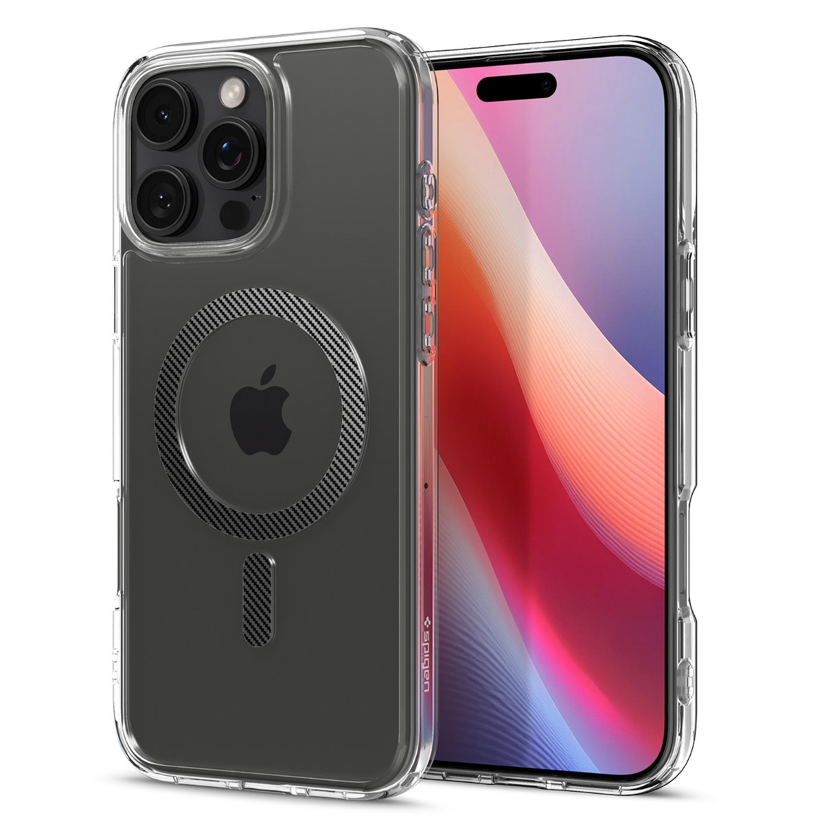 Donkerblauwe telefoonhoes met een textuurpatroon en een telefoon met een kleurrijk scherm.