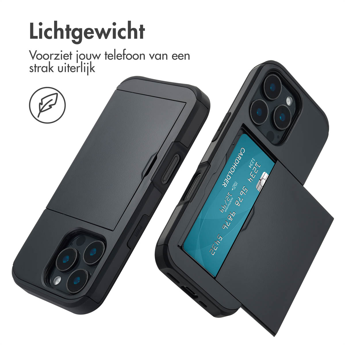 Zwarte telefoonhoesjes met een kaarthouder. De telefoon zit in de hoes.