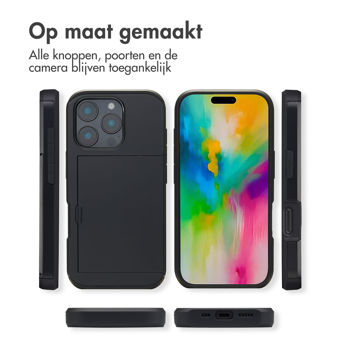 Zwarte telefoonhoes met telefoon en veelkleurige abstracte achtergrond.