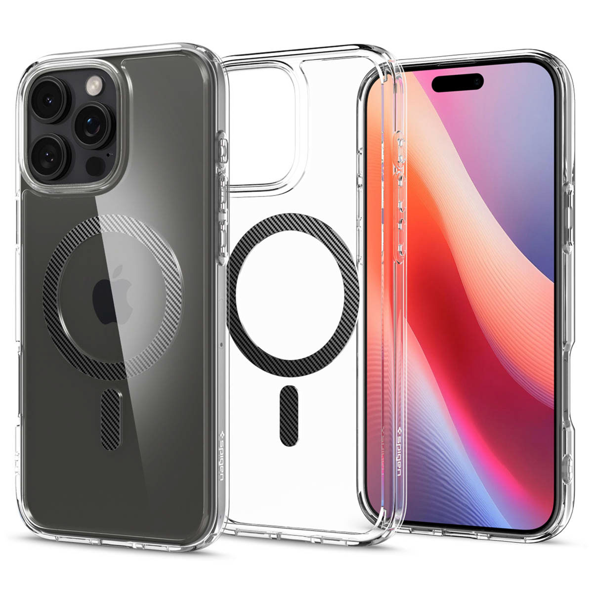 Drie telefoonhoesjes, twee doorzichtig en één met een telefoon erin. Hoesjes hebben MagSafe-ringen.