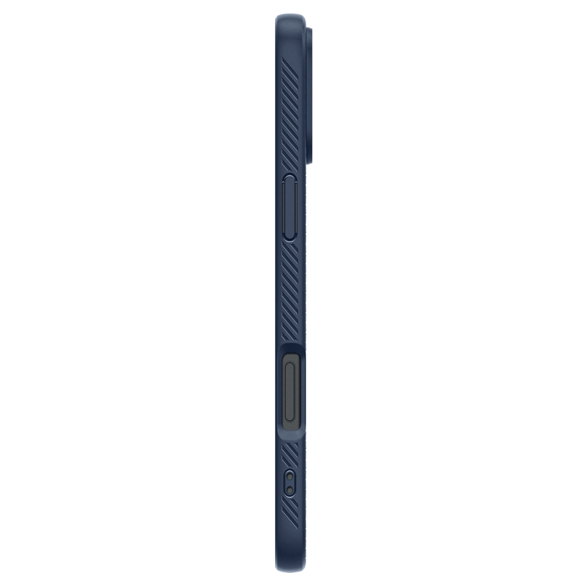 Blauwe telefoon met hoes zijaanzicht. De hoes heeft knoppen en uitsparingen. De zijkant is zichtbaar.