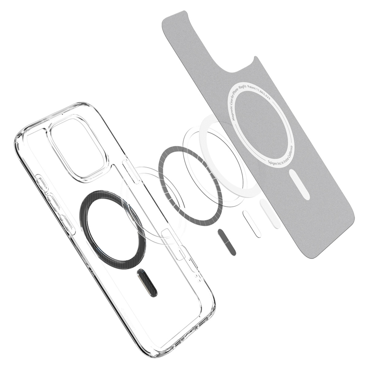 Transparante telefoonhoes met magnetische componenten, gedemonteerd. Inclusief een grijze achterplaat.