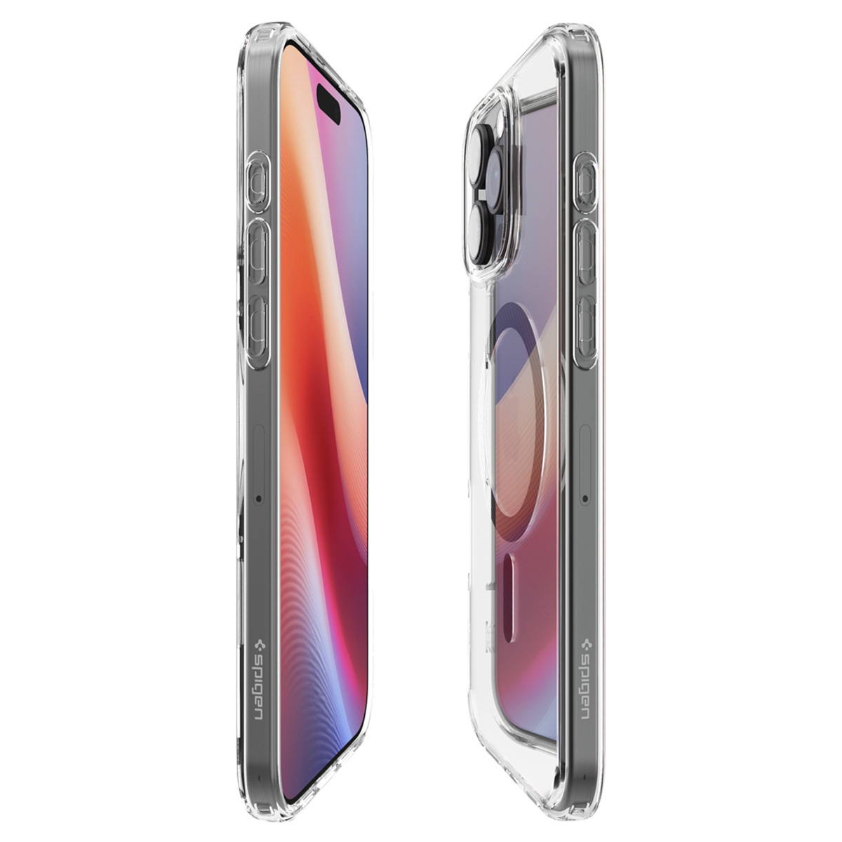 Twee transparante telefoonhoesjes, met de zijaanzicht van een iPhone. Zwarte cameraring zichtbaar.