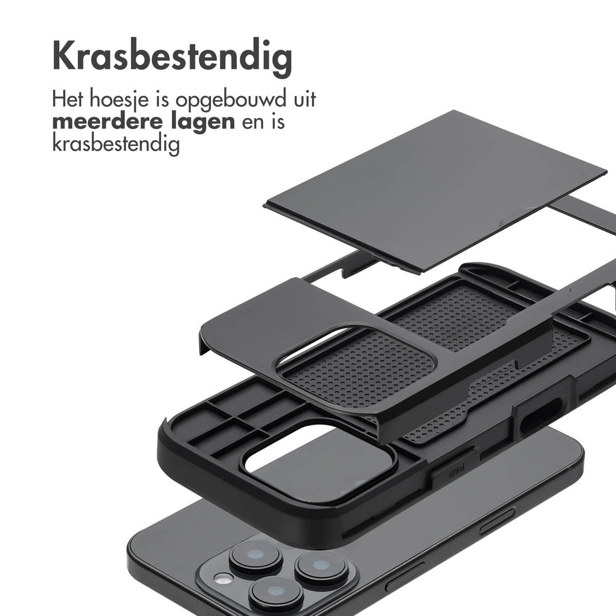 Exploded view van een zwarte telefoonhoes. Hij is gemaakt van meerdere lagen en is krasbestendig.