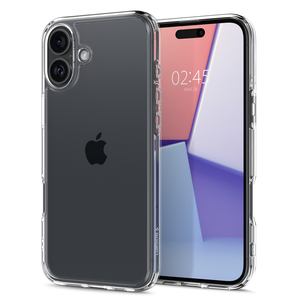 Une coque de téléphone transparente avec un téléphone à l'intérieur. Le téléphone affiche une horloge.