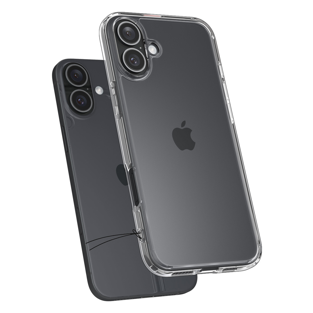 Deux téléphones dans des étuis transparents. Un téléphone est derrière l'autre. Les deux ont une caméra et le logo Apple.