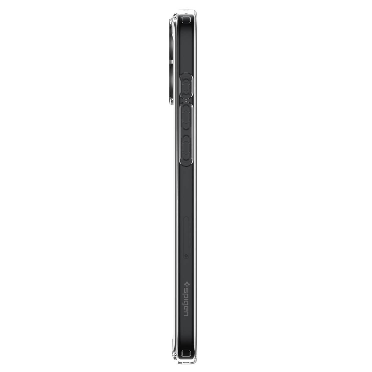 Une coque de téléphone transparente vue de côté sur fond blanc.