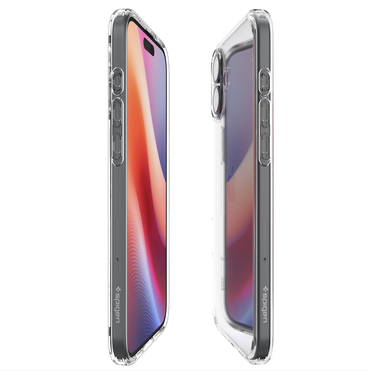 Deux smartphones dans des étuis transparents, avec des vues latérales montrant les boutons et les détails de l'appareil photo.
