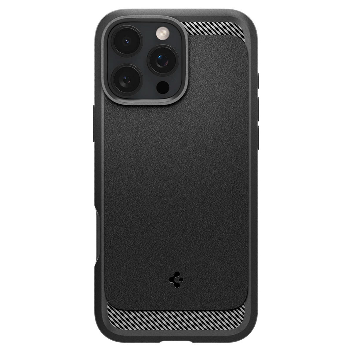 Zwarte telefoonhoes met een getextureerd patroon en een zilverkleurig accent, met drie lenzen.