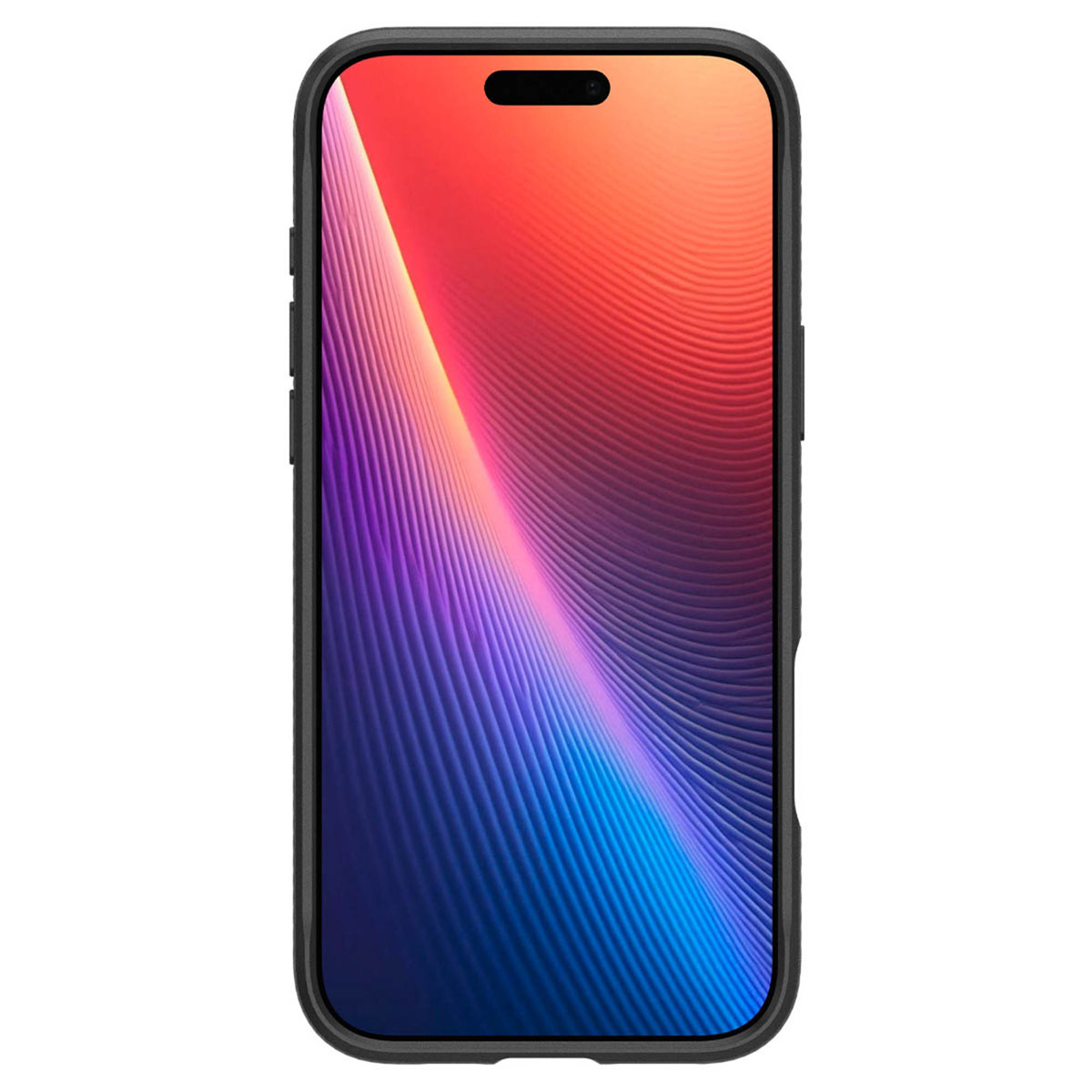 Zwarte smartphone met een kleurrijk, golvend patroon op het scherm.
