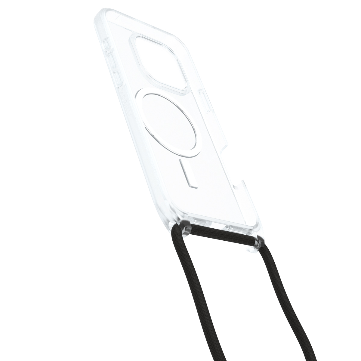 Transparente Handyhülle mit MagSafe. Merkmale: Schlüsselbandbefestigung und Kameraausschnitt.
