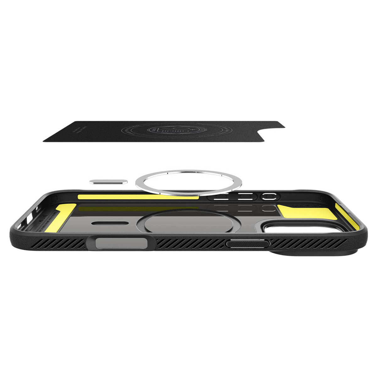 Exploded view van een zwarte telefoonhoes met gele binnenkant en magnetische ring.