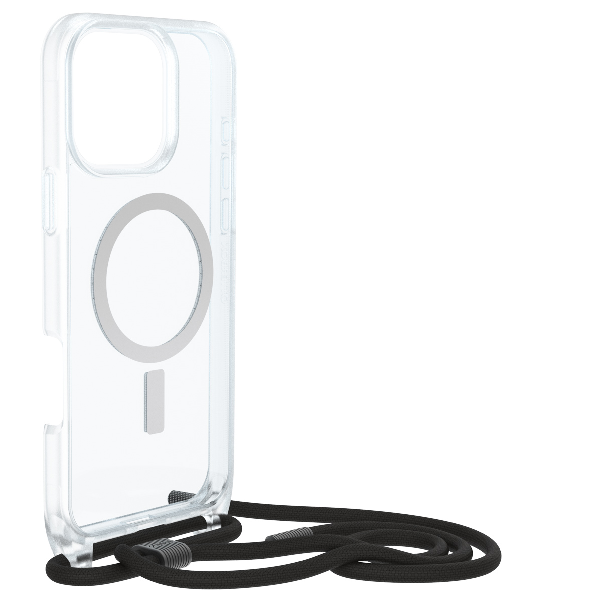 Transparente Handyhülle mit schwarzem Kordel. Die Hülle hat einen Magnetring und eine Lanyard-Befestigung.