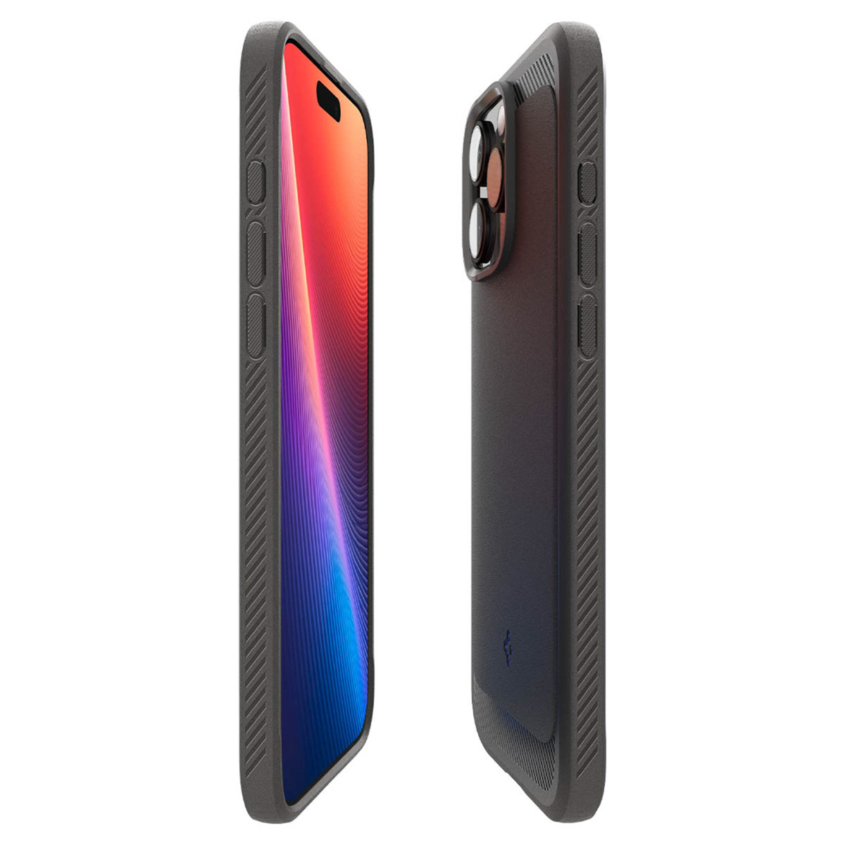 Telefoon in een hoesje, zijaanzicht, met het scherm, de knoppen en het hoesje van de telefoon.