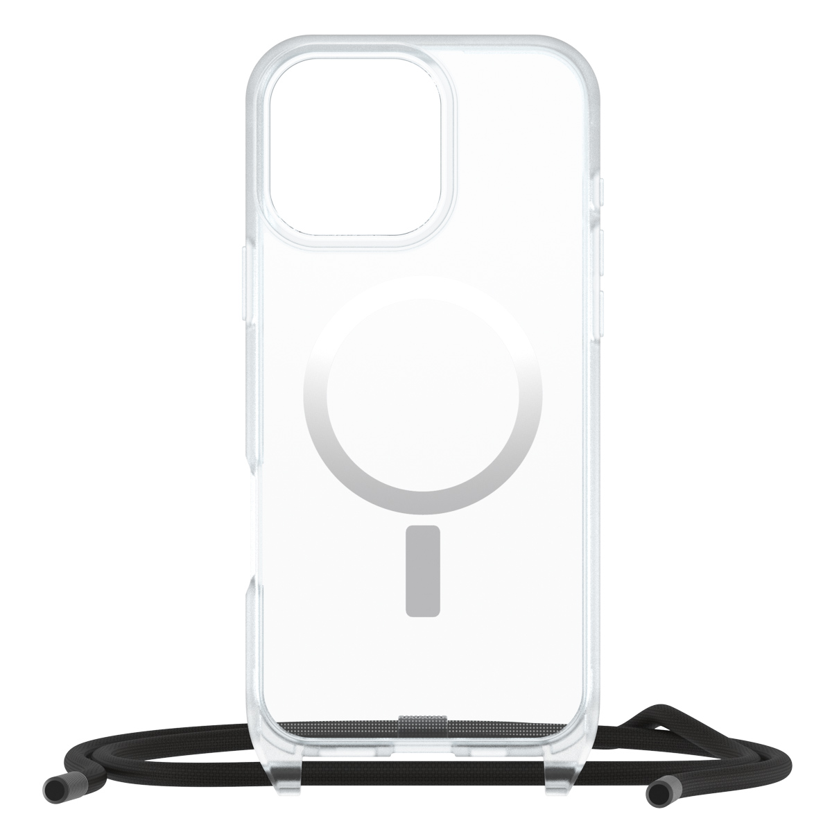 Transparente Handyhülle mit schwarzem Kordel, weißer Hintergrund.