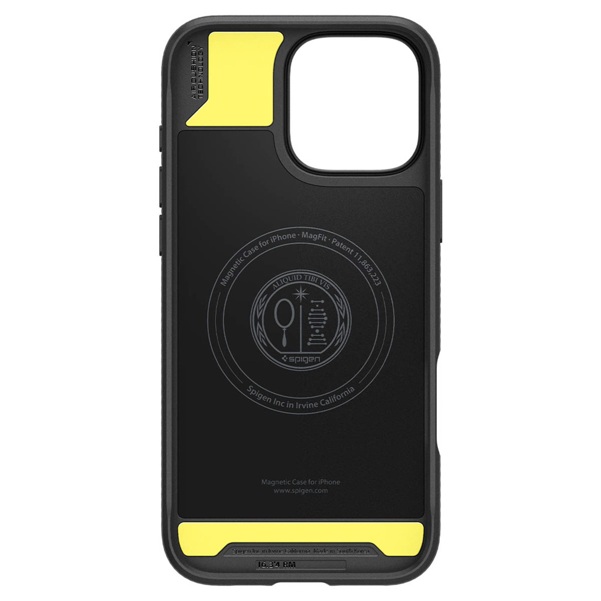 Zwart en geel telefoonhoesje met logo en uitsparing voor de camera.
