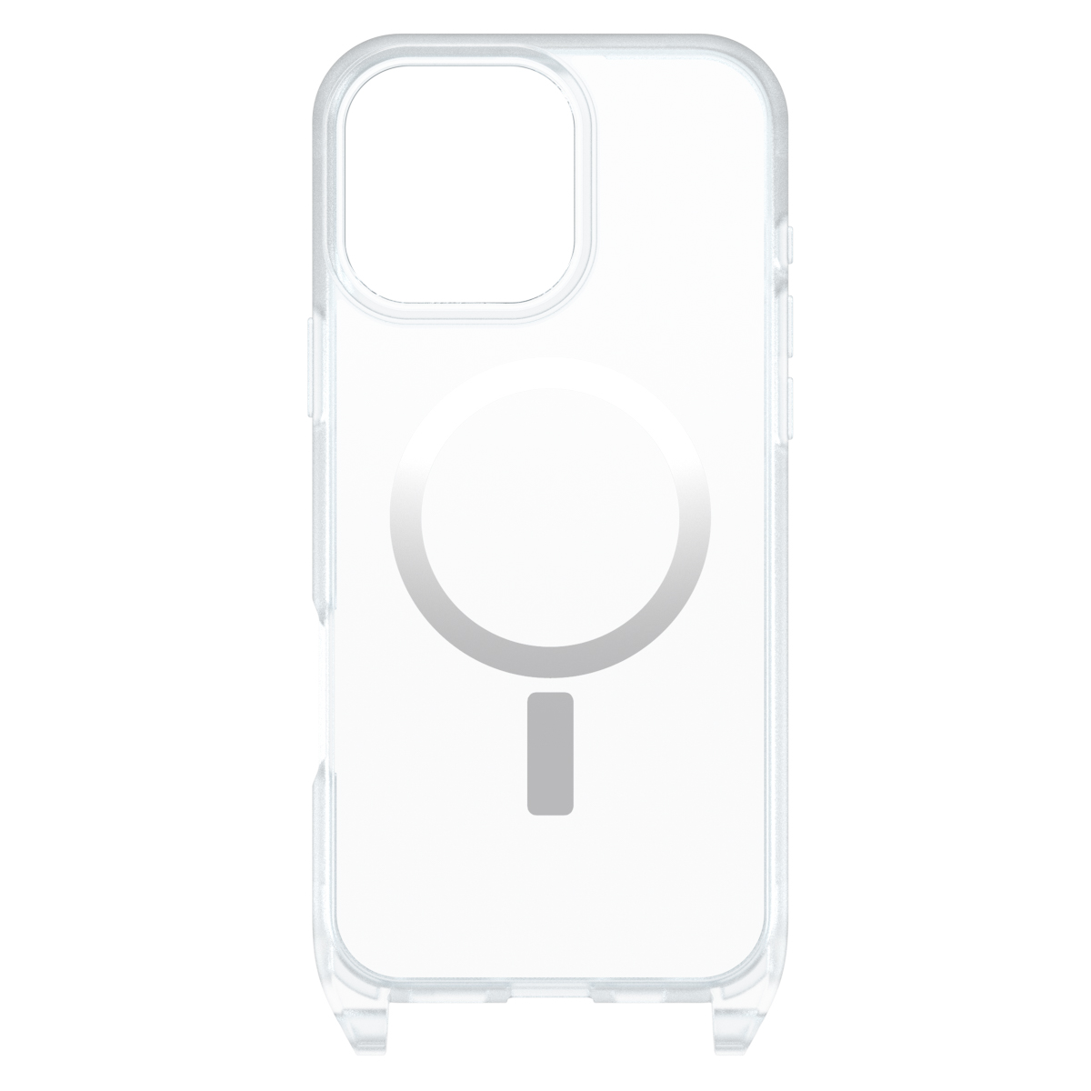 Transparente Handyhülle mit MagSafe-Ring. Der Rahmen ist transparent. Unterer Ständer.