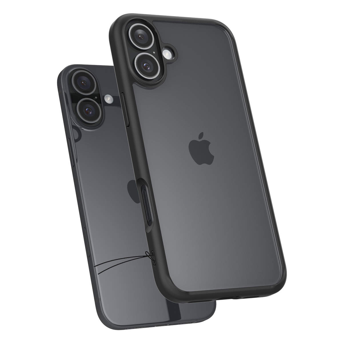 Due custodie nere per iPhone, una solida e una trasparente, su sfondo bianco.
