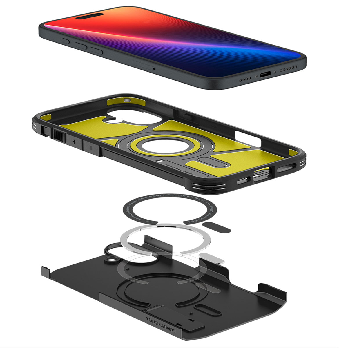 Custodia nera per telefono, smontata, con accenti gialli. Telefono e componenti magnetici visibili.