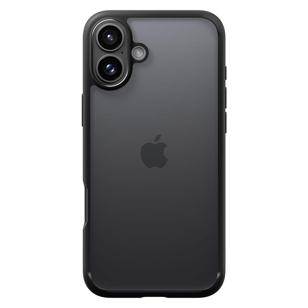 Telefono nero con logo Apple. Doppia fotocamera e flash sul retro.