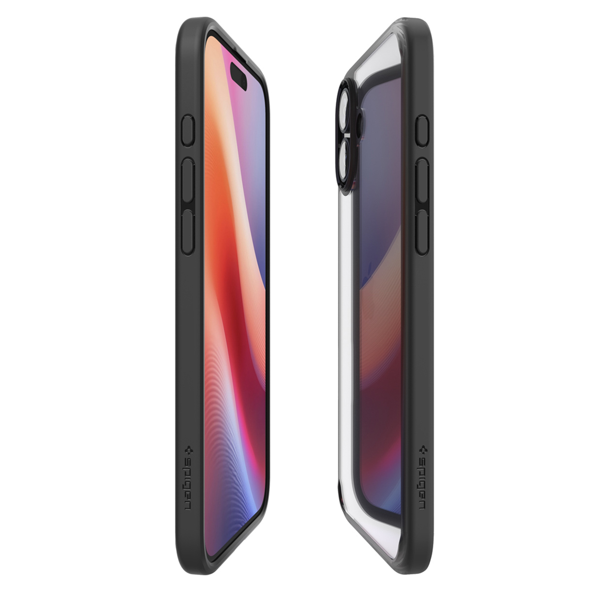 Due telefoni neri in custodie, vista laterale. Uno mostra lo schermo, l'altro la fotocamera.
