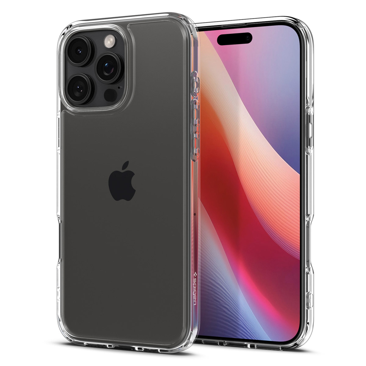 Telefoon met een doorzichtige hoes. De hoes toont de achterkant en het scherm van de telefoon.