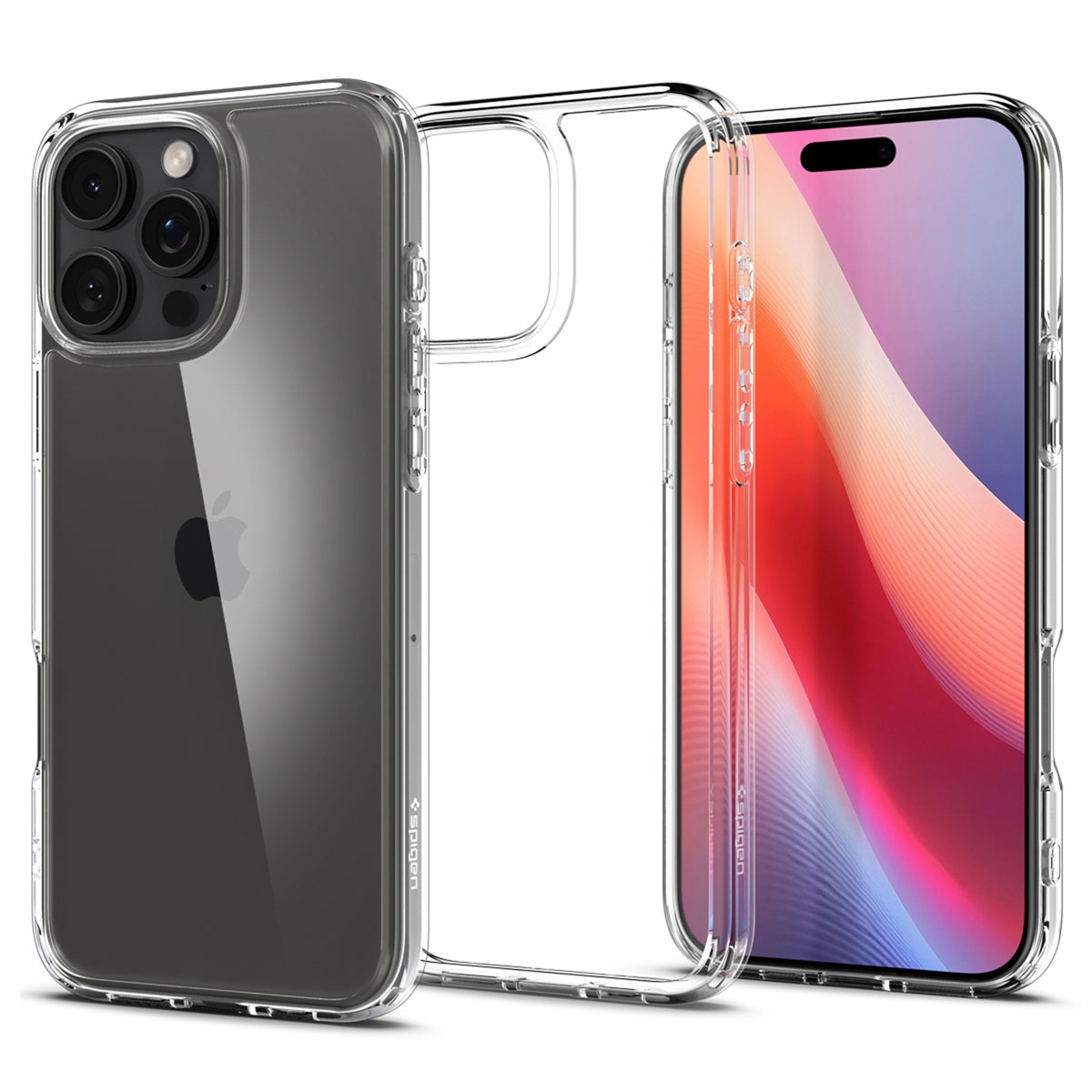 Transparante telefoonhoes en iPhone. Transparant en zwart. Telefoon rechts. Apple-logo zichtbaar.