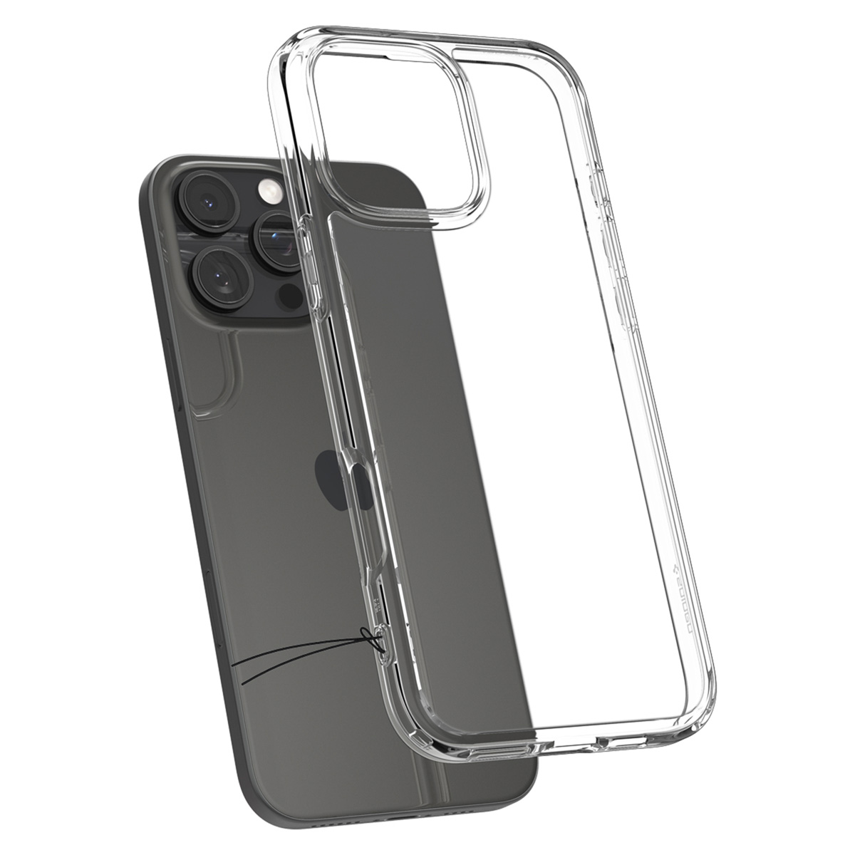 iPhone met een doorzichtige hoes. De telefoon staat op de achtergrond, de hoes op de voorgrond.