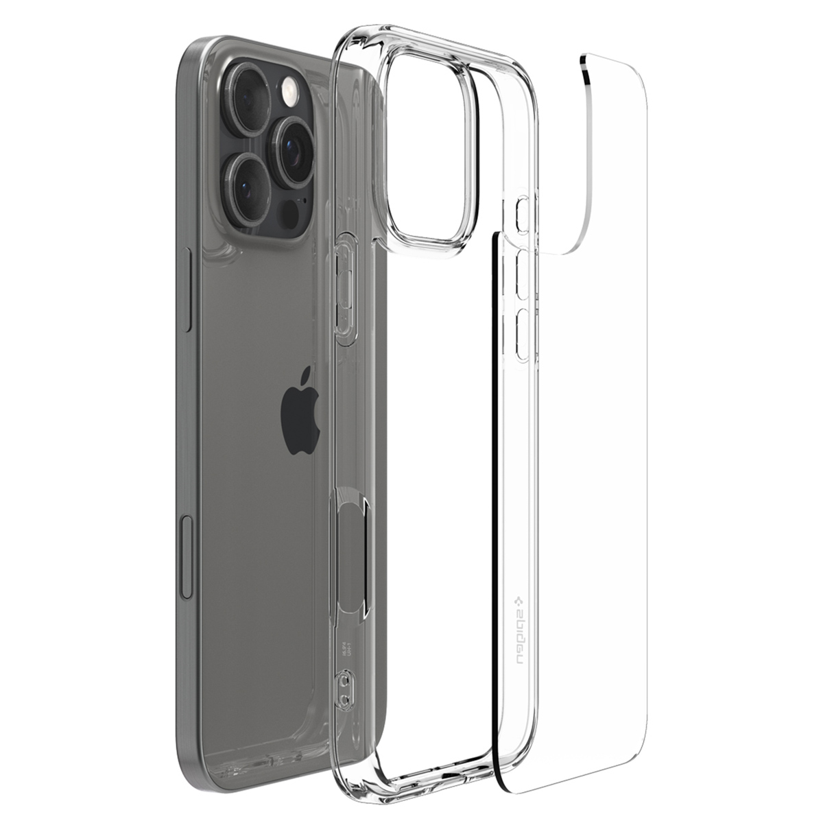 Transparant telefoonhoesje met telefoon erin, toont Apple-logo.