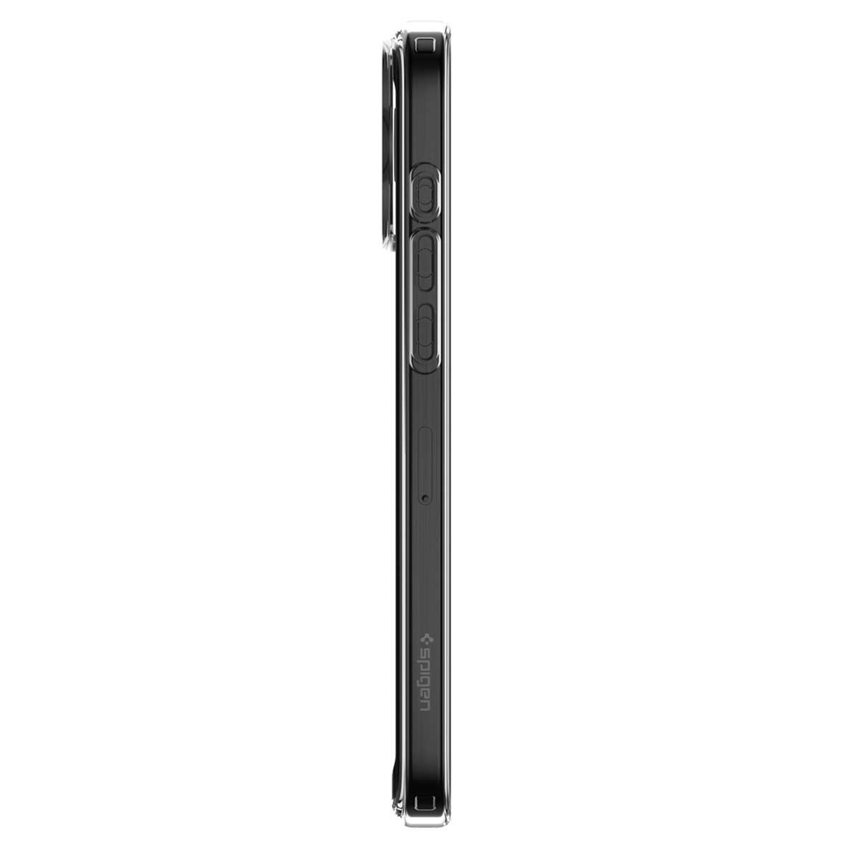 Zijaanzicht van een doorzichtig telefoonhoesje, dat de zijkant van de telefoon laat zien.