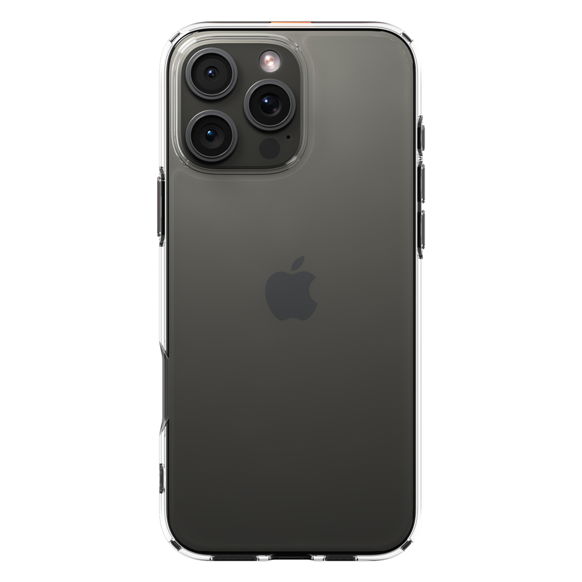 Smartphone met doorzichtige hoes. De achterkant heeft drie camera's en het Apple-logo.