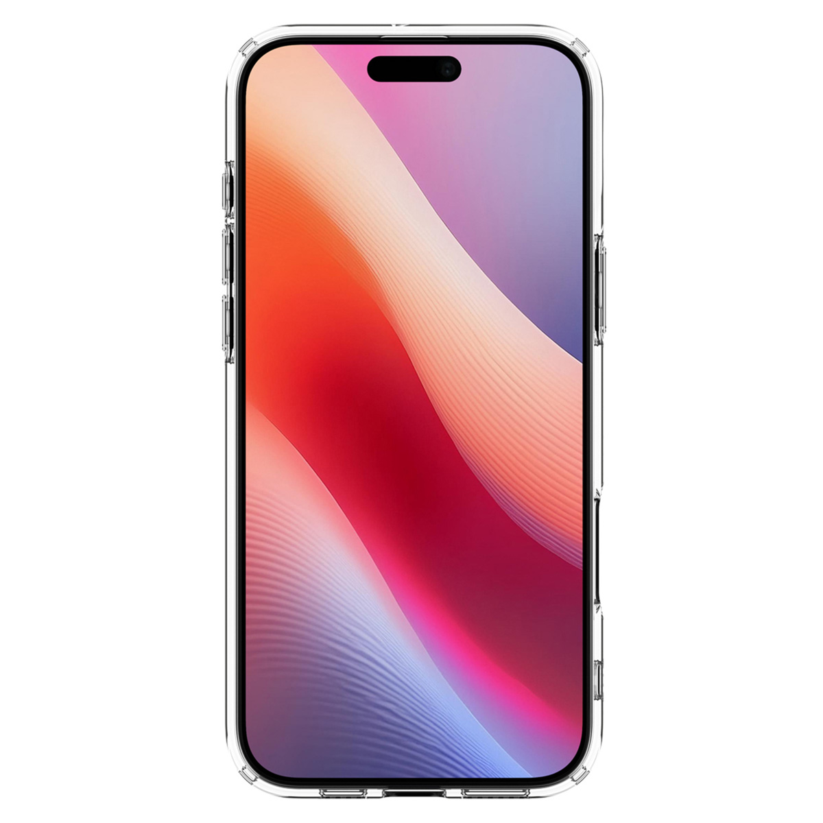 Transparante telefoonhoes op een telefoon met een kleurrijk, abstract achtergrondontwerp.